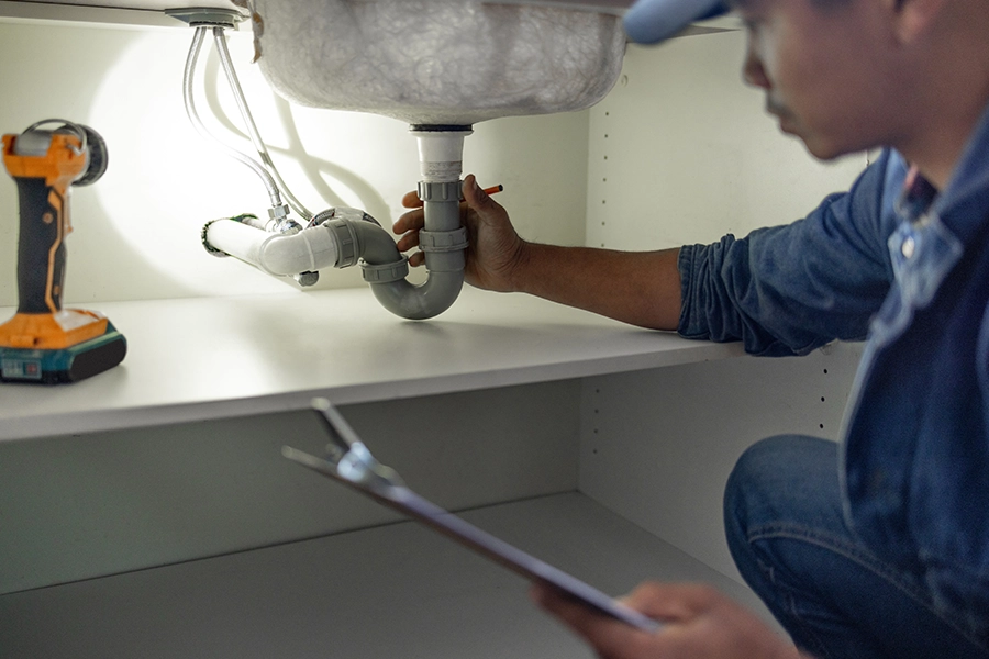 A Tarter Brothers Mechanical, Inc. plumber using a flashlight and clipboard to inspect a pipe beneath a sink in a Central IL home.
