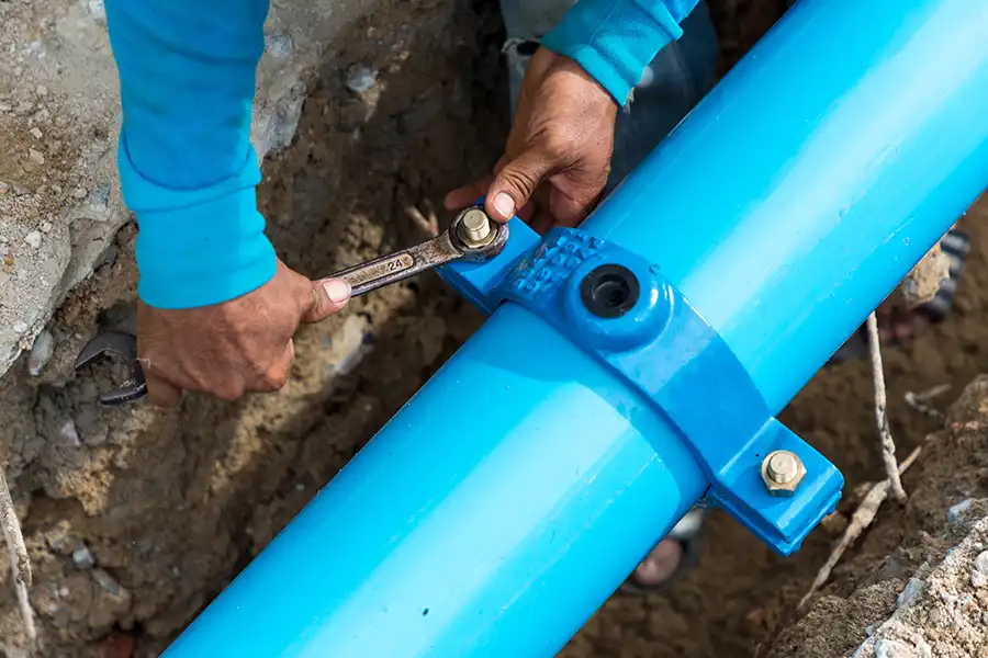 Tarter Brothers Mechanical, Inc. — A technician using a large wrench to repair a sewer pipe in Illinois.