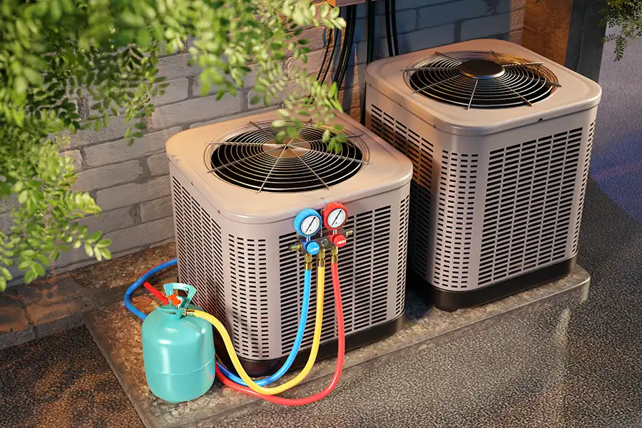 Tarter Brothers Mechanical, Inc.—HVAC maintenance with refrigerant gauges and gas cylinders connected to outdoor air conditioning units in Central IL.