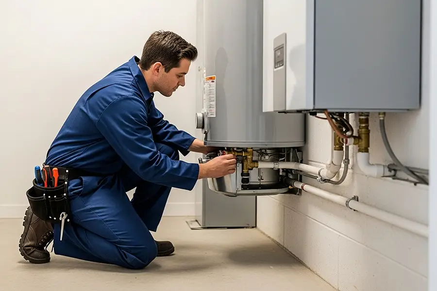 Tarter Brothers Mechanical, Inc.—Professional technician servicing a water heater in a home in Central IL